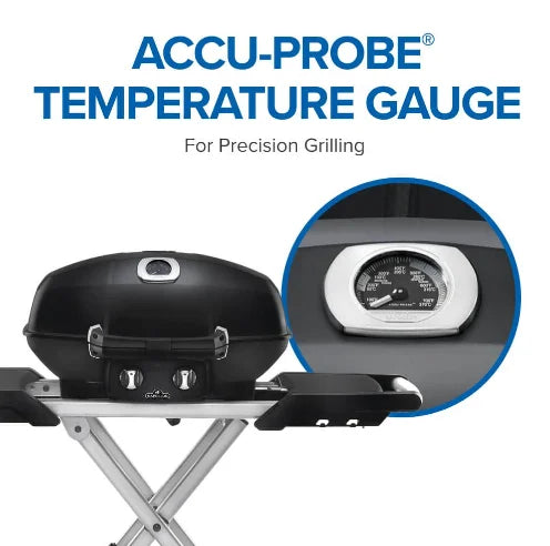 Napoleon TravelQ PRO285X Portable Propane Gas Grill with Scissor Cart: Compact, high-performance grill for camping, tailgating, or home use, featuring 285 sq. in. of cooking space, dual stainless steel burners, and durable WAVE cast iron cooking grids.