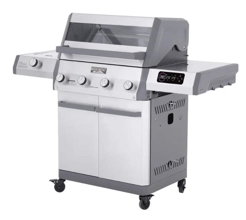 Monument Grills Eminence Series E405 Gas Grill - A sleek, high-tech grill featuring a smart LED control system, premium finish, ClearView lid, and powerful burners for effortless outdoor cooking with advanced performance and modern style.