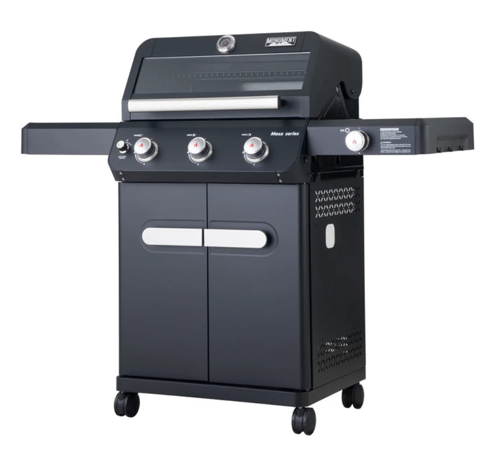 Monument Grills Mesa Series M325 Compact 3-Burner Propane Gas Grill, featuring heavy-duty black powder-coated steel construction, 45,000 BTUs of cooking power, and porcelain-coated cast iron grates for even heat distribution.