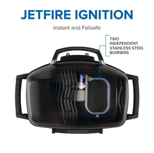 Napoleon TravelQ PRO 285X Portable Gas Grill with Scissor Cart, featuring 285 sq. in. cooking space, dual stainless steel burners, and iconic WAVE cast iron cooking grids for even heat distribution.