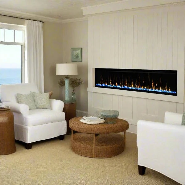Dimplex IgniteXL Linear Recessed Electric Fireplace, featuring realistic flames, edge-to-edge glass, and Comfort$aver ceramic heating system, perfect for home or high-rise installations.