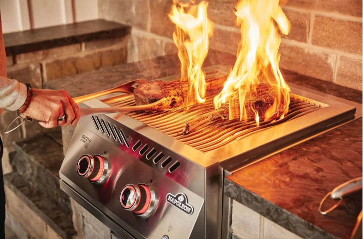 Napoleon Built-in 700 Series Infrared Dual Burner features two 30,000 BTU infrared burners reaching up to 1,800°F for intense searing and even heat distribution, with stainless steel construction and WAVE cooking grids.