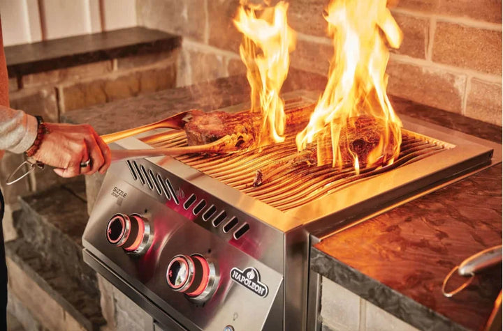 Napoleon Built-in 700 Series Infrared Dual Burner features two 30,000 BTU infrared burners reaching up to 1,800°F for intense searing and even heat distribution, with stainless steel construction and WAVE cooking grids.