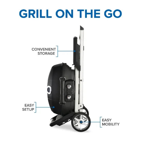 Napoleon TravelQ PRO 285X Portable Gas Grill features 285 sq. in. cooking space, dual stainless steel burners, and iconic WAVE cast iron grids for even heat distribution and perfect sear marks.