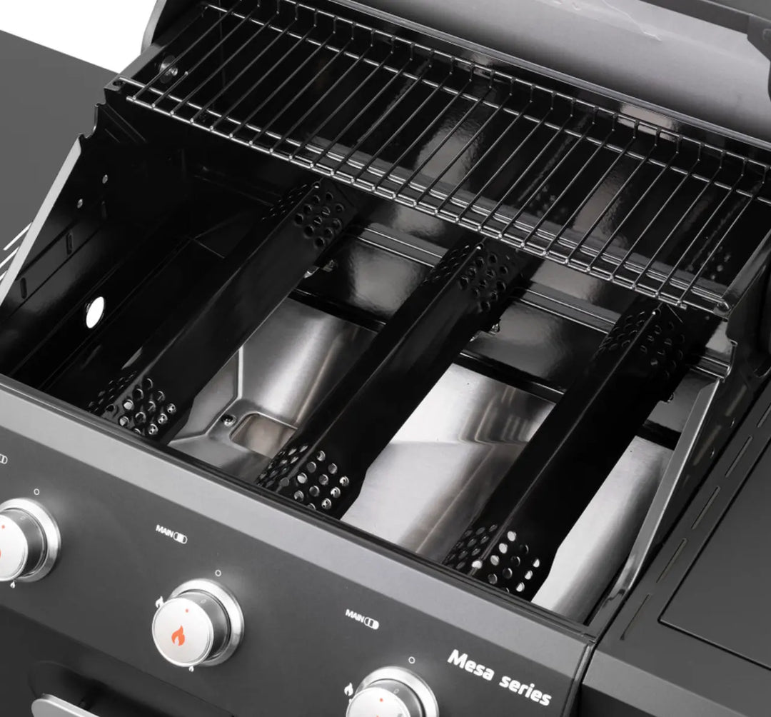 Monument Grills Mesa Series M325 Gas Grill - Compact 3-Burner Propane Grill with Black Powder-Coated Steel Exterior, Porcelain-Coated Cast Iron Grates and Efficient Heat Distribution System for Perfectly Grilled Meats.