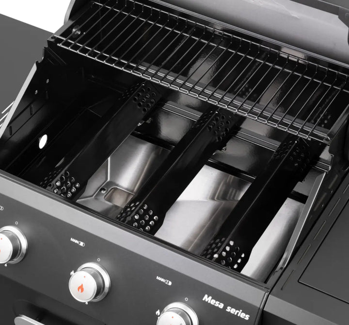 Monument Grills Mesa Series M325 Gas Grill - Compact 3-Burner Propane Grill with Black Powder-Coated Steel Exterior, Porcelain-Coated Cast Iron Grates and Efficient Heat Distribution System for Perfectly Grilled Meats.