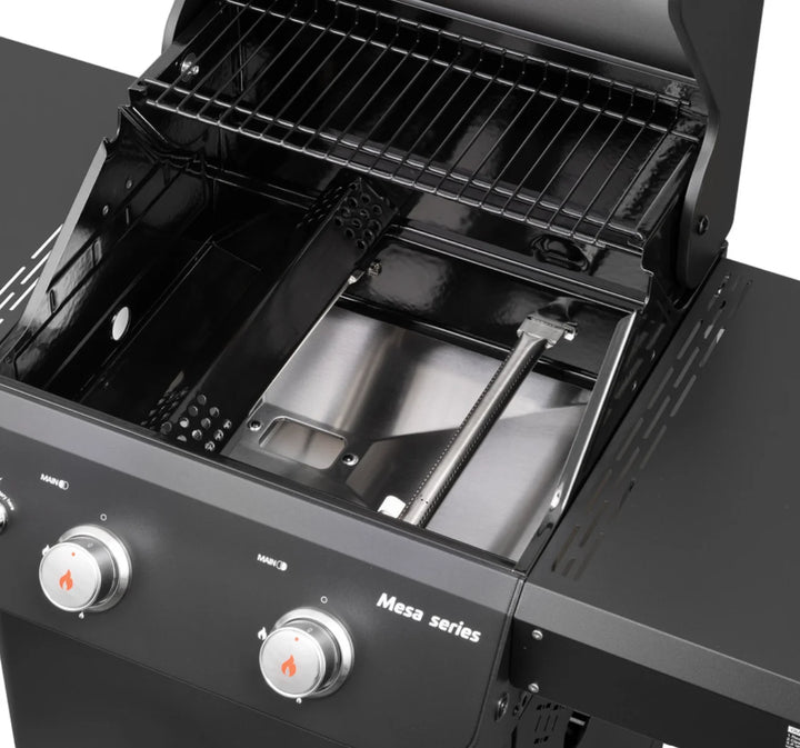 Monument Grills Mesa Series M325 compact 3-burner propane gas grill with black powder-coated steel exterior, 45,000 BTUs, porcelain-coated cast iron grates and individual burner knobs for precise temperature control.