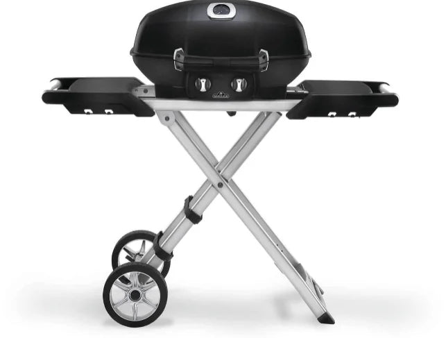 Napoleon TravelQ PRO285X Portable Propane Gas Grill with Scissor Cart: High-performance grill with 285 sq. in. cooking space, dual stainless steel burners, and WAVE cast iron grids for even heat distribution and signature sear marks, featuring a compact scissor cart design with all-terrain wheels for stability and portability.