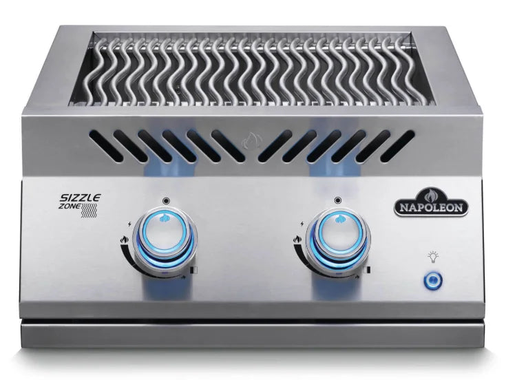 Napoleon Built-in 700 Series Infrared Dual Burner features dual 30,000 BTU infrared burners for intense heat up to 1,800°F, stainless steel construction, and illuminated SafetyGlow control knobs.