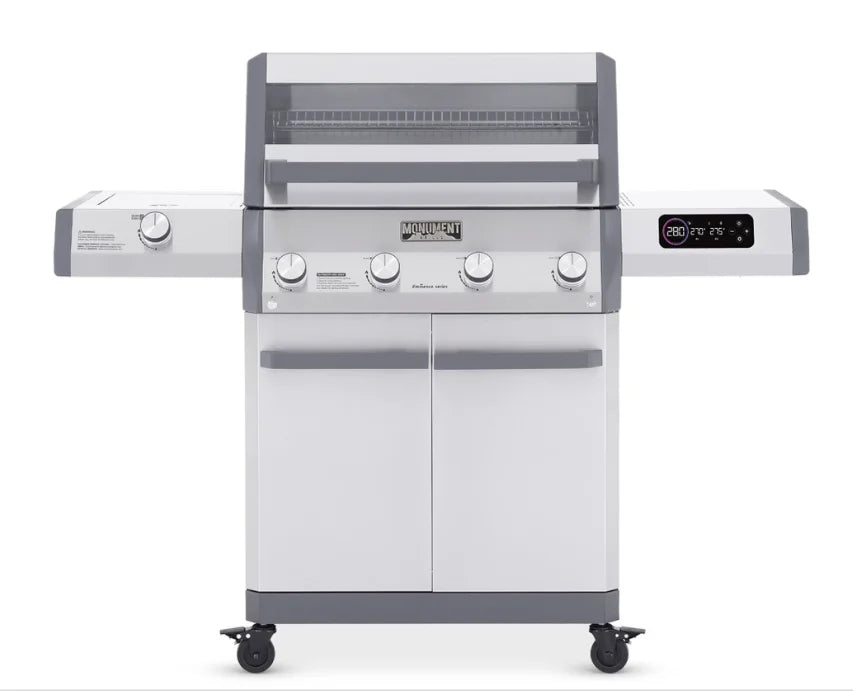 Monument Grills Eminence Series E405 Gas Grill, featuring premium metallic finish, full-color LED touch panel, porcelain-coated cast iron grates, four 12,000 BTU main burners, and advanced heating system for precise temperature control.