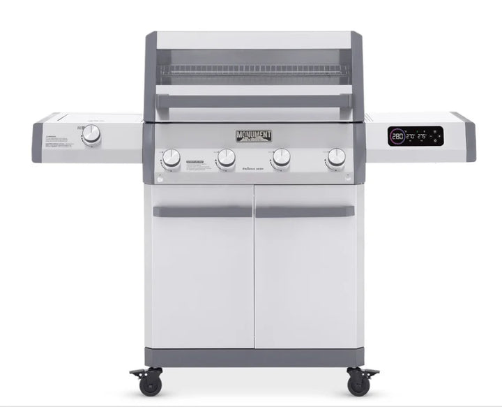 Monument Grills Eminence Series E405 Gas Grill, featuring premium metallic finish, full-color LED touch panel, porcelain-coated cast iron grates, four 12,000 BTU main burners, and advanced heating system for precise temperature control.