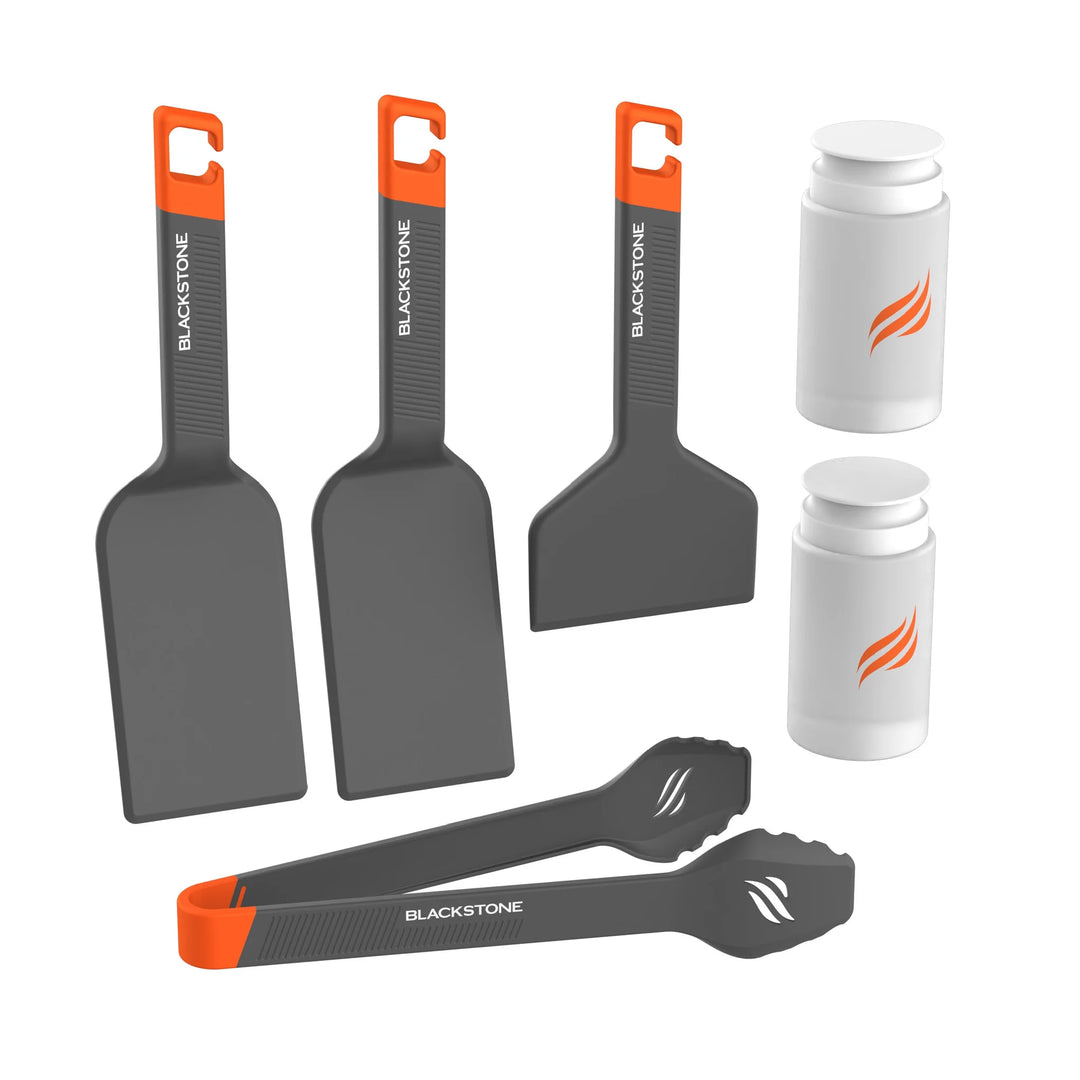 Blackstone OTG Camping Toolkit: all-in-one camping accessory set for easy cooking and cleanup while camping or tailgating, includes (2) spatulas, (1) scraper, (1) tongs, and (2) 8 oz squeeze bottles with coated-surface compatibility for Blackstone griddles.