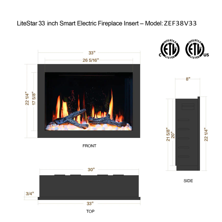 LiteStar 33 inch Wifi Smart Electric Fireplace Insert with App Crackling Sounds - ZEF38VC33