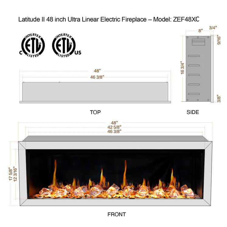 Litedeer Latitude II 48" Smart Control Electric Fireplace Wifi Enabled with Crystal Decor Media - ZEF48XC, Black