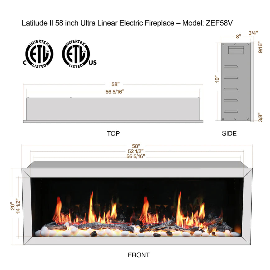 Litedeer Gloria II 58" Smart Push-in Electric Fireplace with App - ZEF58VS, Silver White