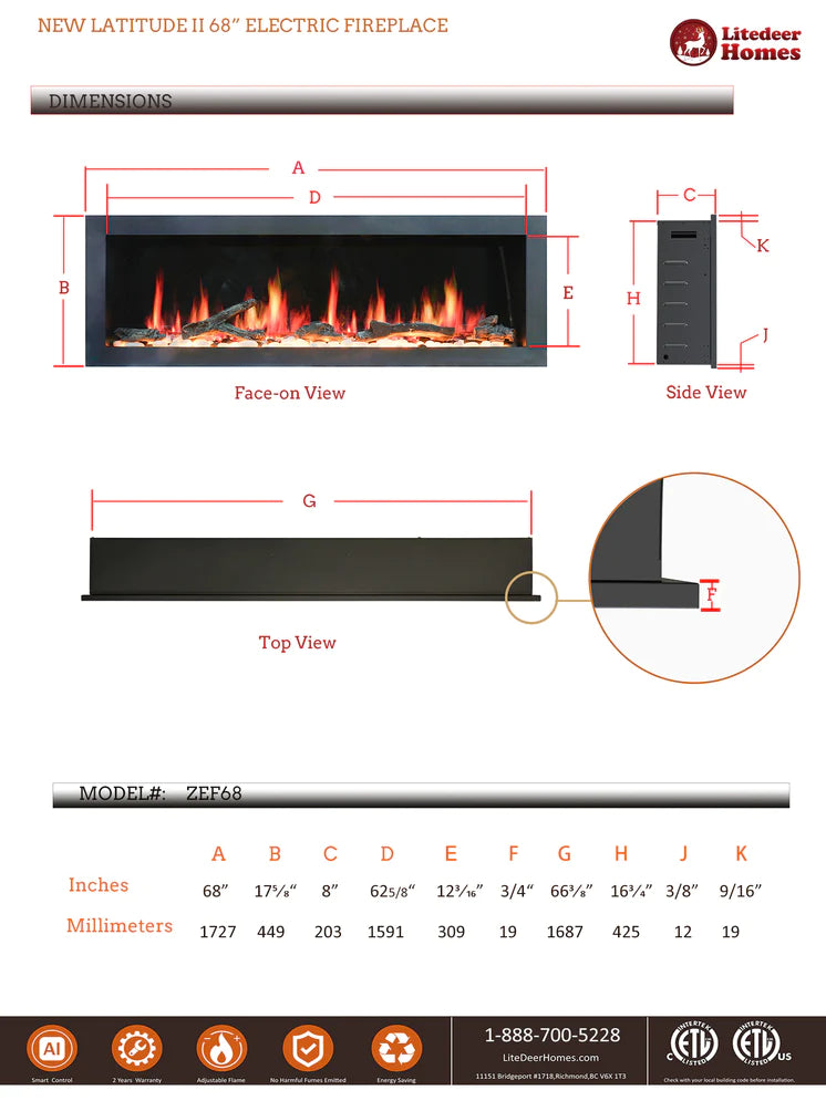 Litedeer Gloria II 68" Smart Push-in Electric Fireplace with App - ZEF68XS, Silver