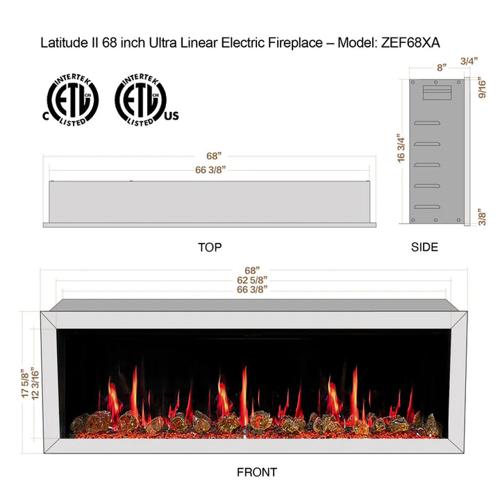 Litedeer Latitude ll 68" Smart Recess Wall Mounted Electric Fireplace with Amber Glass - ZEF68XA