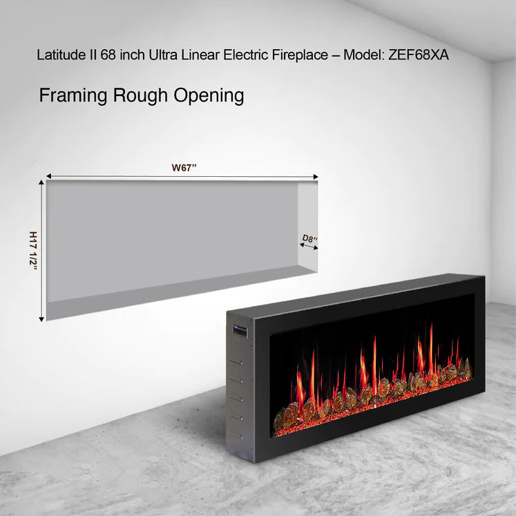 Litedeer Latitude ll 68" Smart Recess Wall Mounted Electric Fireplace with Amber Glass - ZEF68XA