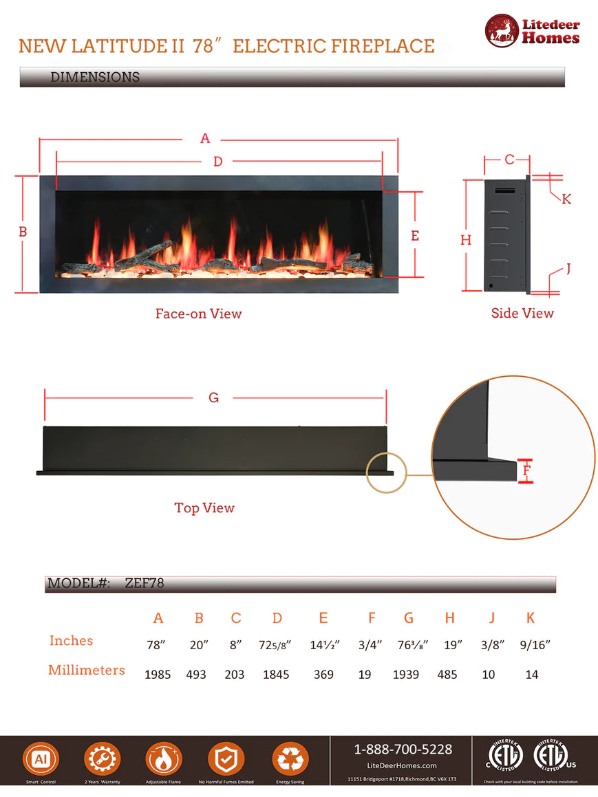 Litedeer Gloria II 78" Smart Push-in Electric Fireplace with App - ZEF78VS, Silver