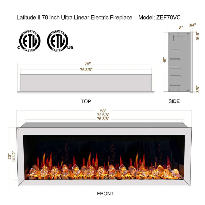 Litedeer Latitude ll 78-in Smart Control Electric Fireplace with App- ZEF78VC